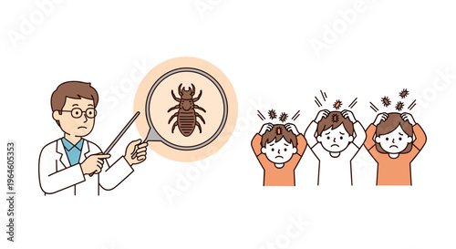 Doctor explaining head lice infestation to distressed children microscopic view of parasite hygiene concept healthcare