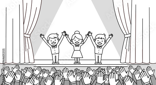Three cheerful children in formal attire bow on a stage to a large audience of clapping hands celebrating achievement