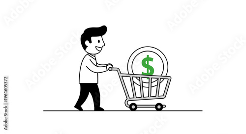 Man pushing shopping cart with large dollar coin symbol inside representing financial success savings and smart