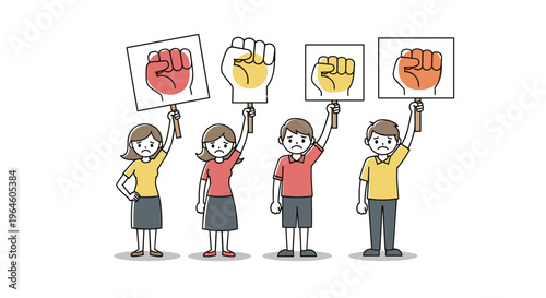 Diverse group of people holding signs with raised fists symbolizing protest unity and social justice movements