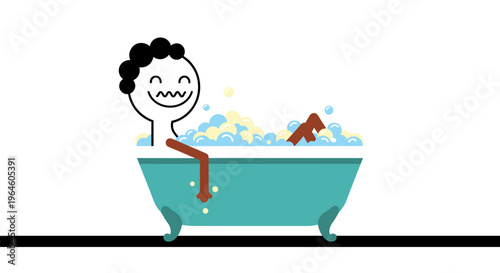 Cheerful cartoon person with closed eyes and wide smile relaxing in a bubbly turquoise bathtub with wooden accents