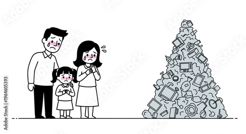 Sad family crying over massive pile of discarded electronic devices and gadgets consumerism waste concept