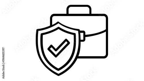 Business briefcase with security shield and checkmark vector icon illustration, professional job protection, insurance coverage, corporate safety, and verified work security minimalist graphic.
