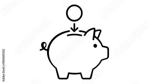 Minimalist vector illustration of a piggy bank with a coin being deposited, symbolizing savings, financial planning, investment, and wealth management. Clean black line art icon for business.