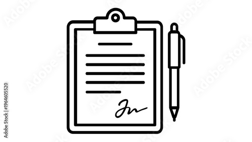 Minimalist black and white vector icon illustration of a business clipboard with a signed document and a pen, symbolizing legal contracts, office administration, checklists, and agreements.