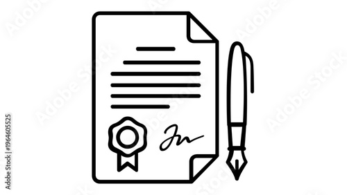Professional Business Contract and Legal Agreement Vector Icon Illustration Featuring a Signed Document with a Wax Seal and a Fountain Pen, Perfect for Finance, Law, and Corporate Concepts.