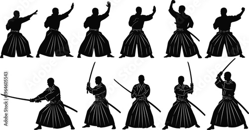 Samurai warrior silhouette set with katana sword, traditional japanese martial arts aikido kendo fighter in hakata standing isolated on white background
