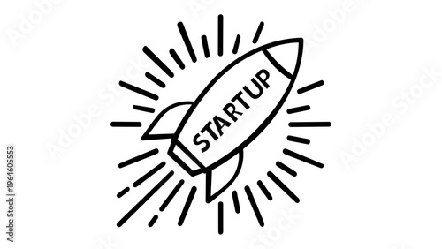 Minimalist startup rocket launch vector icon illustration. A black and white line art drawing of a spaceship blasting off with the word startup on its side, symbolizing business growth and success.