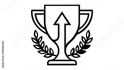 Minimalist vector icon illustration of a trophy cup featuring an upward growth arrow and laurel wreath, symbolizing business achievement, success, leadership, and winning performance goals.