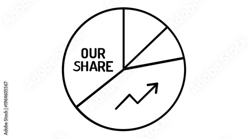 Minimalist black and white vector illustration of a pie chart representing market share growth, featuring a slice labeled OUR SHARE and an upward arrow symbol for business success and data.