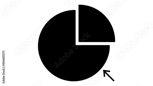 Professional minimalist black and white pie chart vector icon with a separated slice and an arrow, perfect for business data analysis, financial growth, and goal achievement illustrations.