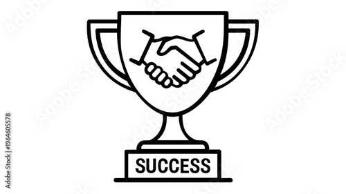 Minimalist vector icon illustration of a trophy cup featuring a handshake symbol and success text, representing business achievement, partnership, winning, and professional goal attainment.