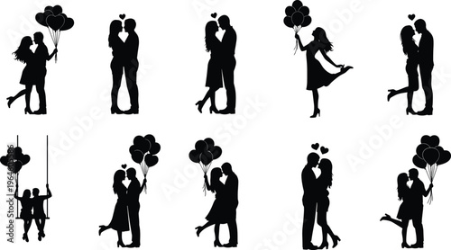 Romantic Silhouette Collection of Loving Couples with Heart Balloons, Sweet Hugs, Kisses, and Moments of Togetherness for Valentine's Day Design.