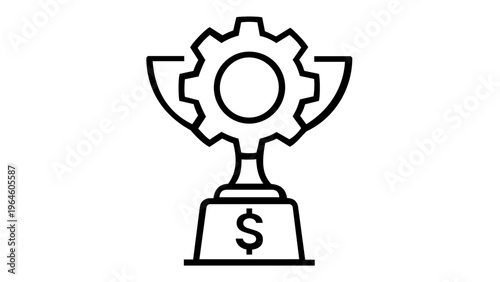 Professional vector icon illustration of a trophy cup with a gear and dollar sign, symbolizing business achievement, financial success, operational excellence, and strategic industrial growth.