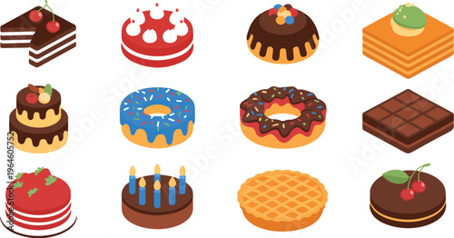 Isometric cakes vector set with chocolate cake slice birthday pie and pink glaze dessert isolated 3d illustration
