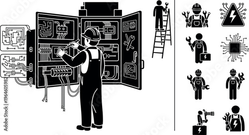 Professional electrician in hard hat repairing electrical control panel with various maintenance worker icons and power symbols on white backgroundProfessional 