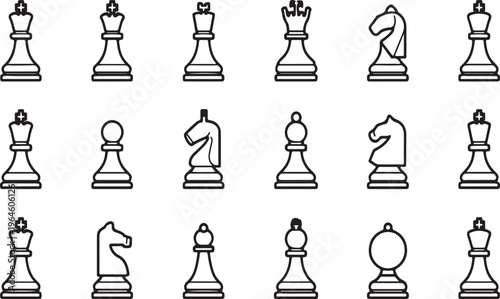 Black and white chess pieces icons set, vector illustration, 20 different chess symbols