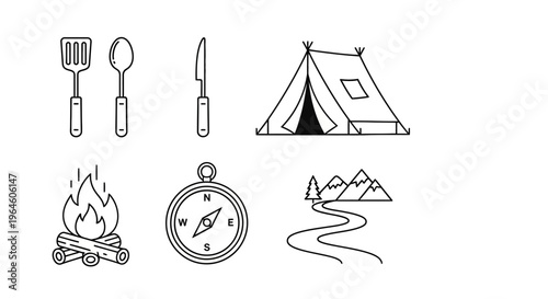 Camping gear and outdoor adventure icons.