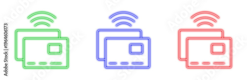 set of colorful credit card icons with wireless signal indicator representing contactless payment and financial technology transactions