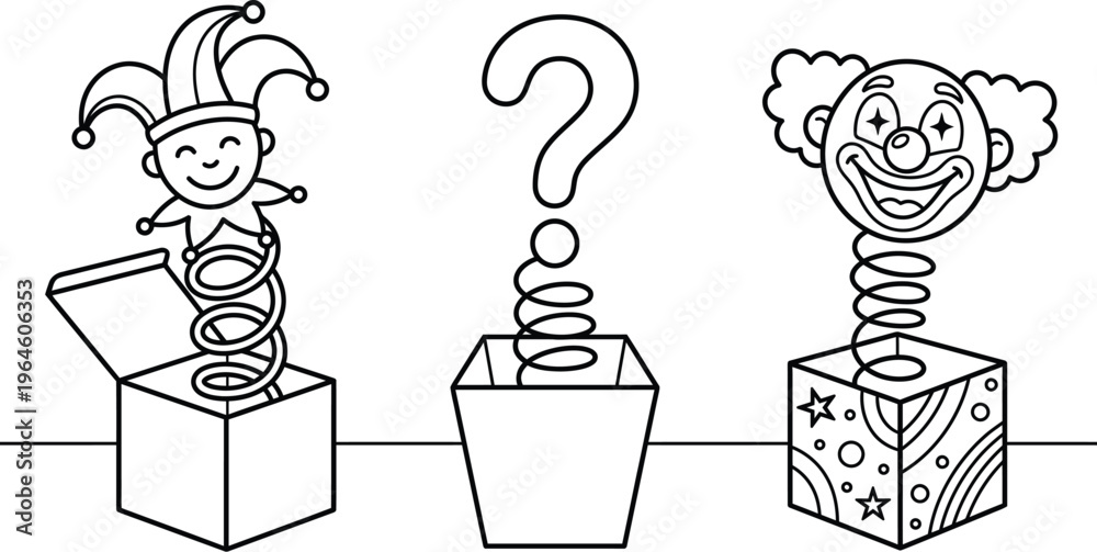 Naklejka premium Jack in the Box Clown Surprise Vector Illustration - Funny Clown Popping Out of Box with Question Mark
