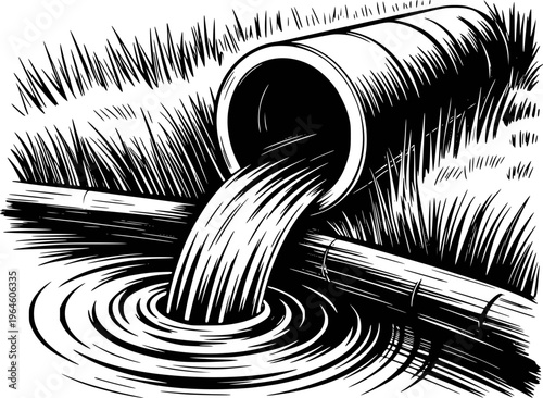 Black and white of water flowing from a pipe into a body of water surrounded by grass