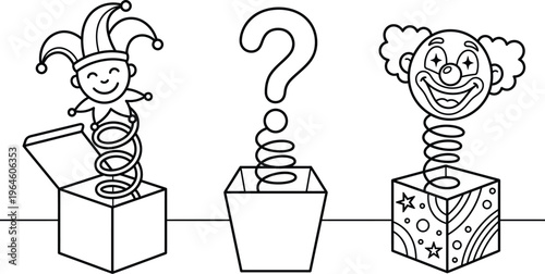 Jack in the Box Clown Surprise Vector Illustration - Funny Clown Popping Out of Box with Question Mark