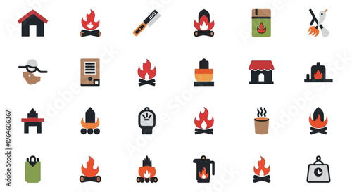 Collection of campfire icons and symbols.