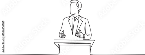 Man standing at podium looking to the side in single line drawing
