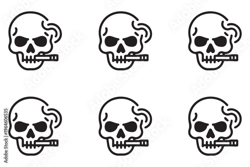 Collection of Smoking Skull Icons with Cigars and Wavy Smoke