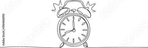 Single line drawing of a ringing alarm clock time wake up