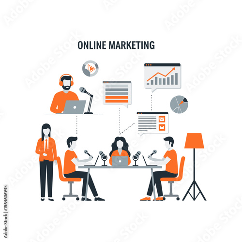 Online marketing podcast discussion with people and charts.