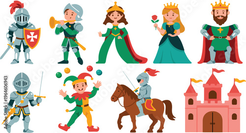 Medieval characters vector set with royal knight on horseback princess king and queen for fantasy kingdom illustration