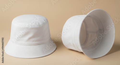 Two stylish white bucket hats mockup on beige background: minimalist fashion accessory product photography hat mockup mockup cap hat template fashion clothing baseball front sport isolated blank
