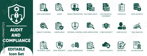 Audit and Compliance icons set. auditor, compliance, governance, inspecting, legal, management, workflow, corporate, policy, checklist, and icons.