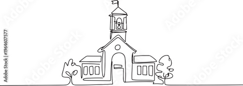 School building with bell tower and trees in continuous line drawing