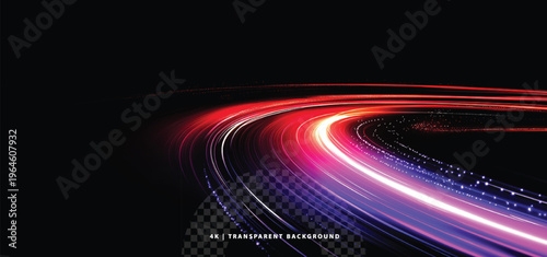 A vibrant light trail isolated on a black background with transparent effect