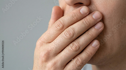 Close-up of person covering mouth in thoughtful gesture indoors  