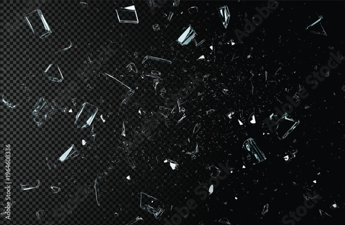Shattered glass fragments isolated on transparent background, destruction effect