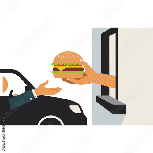Person receives a hamburger through a drive-thru window from another person