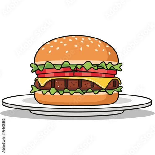 A mouthwatering cheeseburger on a plate with lettuce and tomato