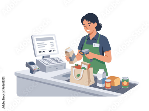 Cashier scanning groceries at checkout counter in supermarket.