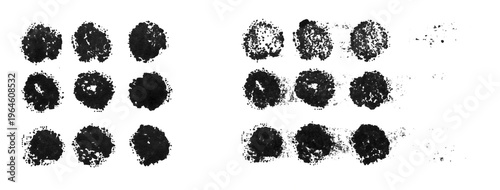 Authentic handmade stamp set created with black ink on real white paper. Features multiple organic circular impressions with natural imperfections, ink variations, and subtle smudges.