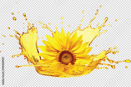 A sunflower with a splash of oil isolated on transparent background