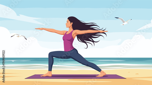 Young woman practicing warrior yoga pose on a mat at the beach with seagulls flying over the calm ocean waves under a blue sky.