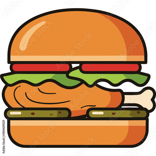 Illustration of a chicken burger with pickle and lettuce on a bun