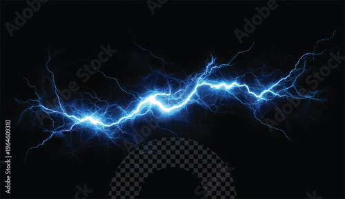 A blue lightning bolt isolated on black background with transparent checkerboard
