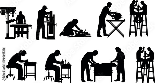 Set of Professional Carpenter Silhouettes and Woodworking Staff Icons Including Craftsmen Using Circular Saws Drill Presses and Hand Tools for WoodworkSet 