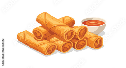 A plate of crispy spring rolls served with a side of savory dipping sauce