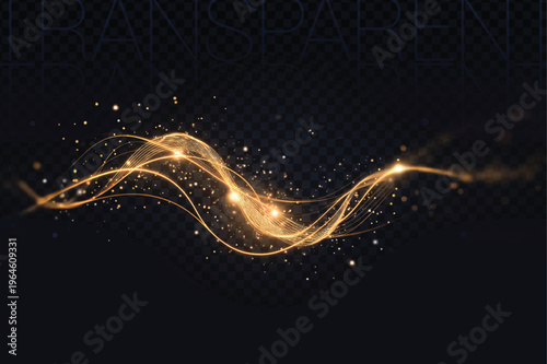 Golden light trails isolated on transparent background with sparkles