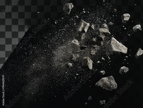 Gray rocks and debris explosion isolated on transparent background